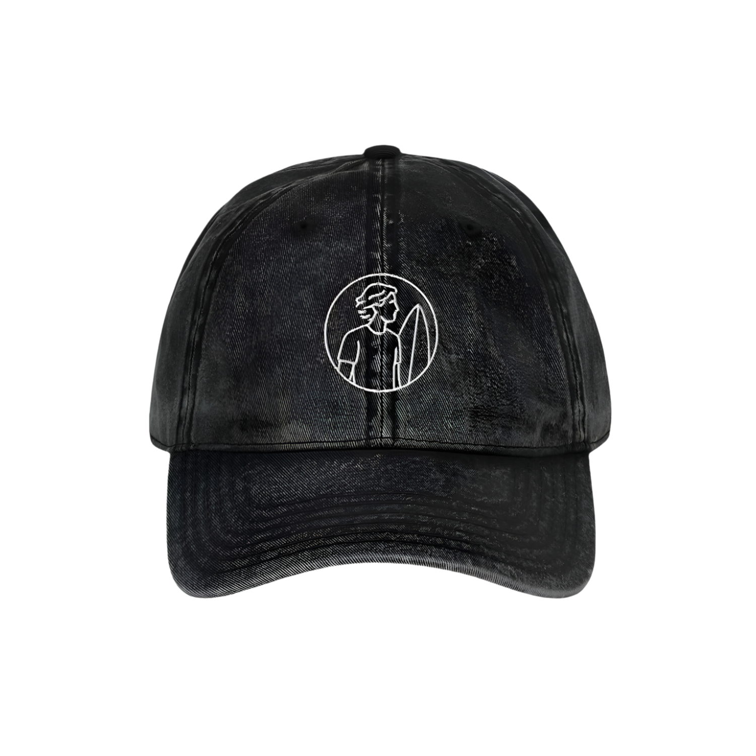 Black distressed baseball cap with a white logo on a white background
