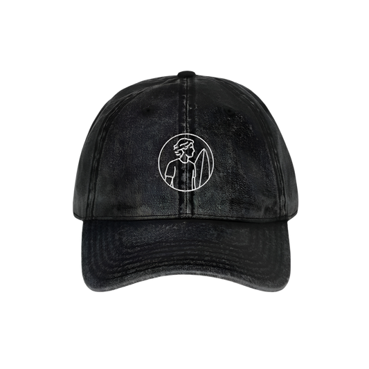 Black distressed baseball cap with a white logo on a white background