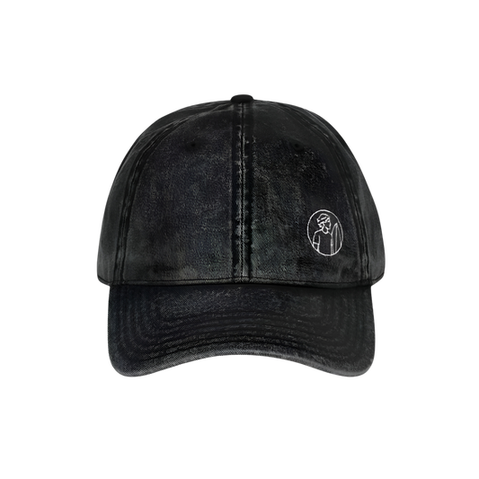 Black distressed baseball cap with a logo on a white background