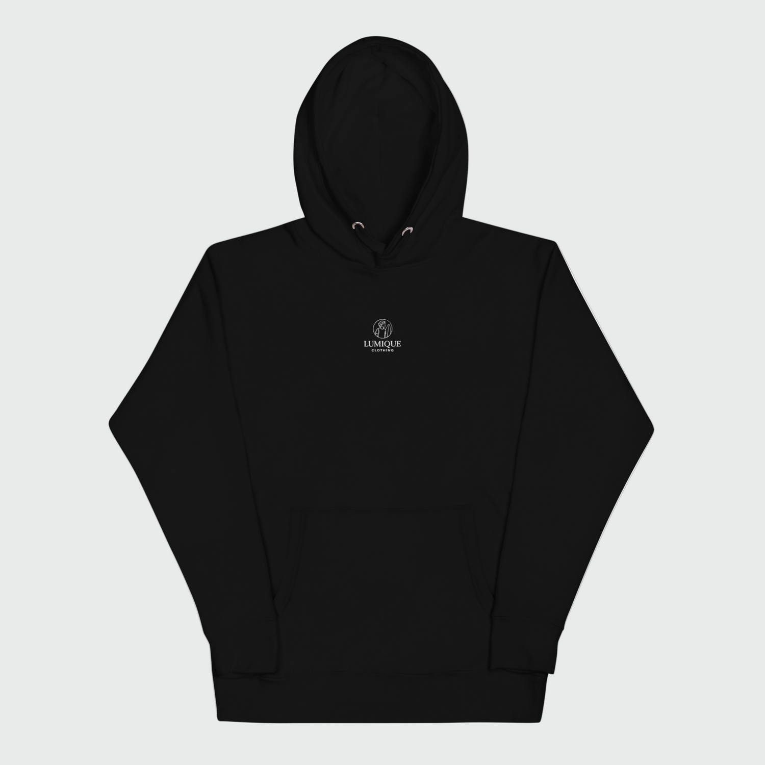 Black hoodie with a logo on the chest against a white background