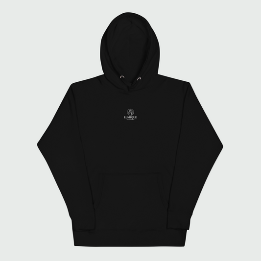 Black hoodie with a logo on the chest against a white background